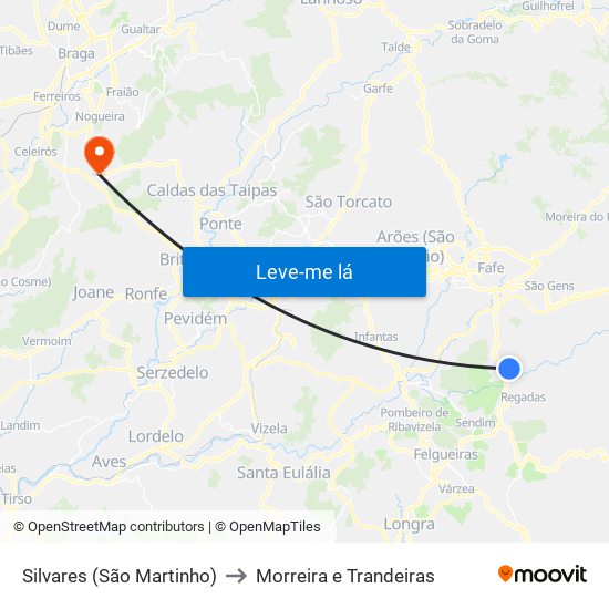 Silvares (São Martinho) to Morreira e Trandeiras map