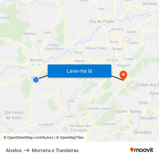 Alvelos to Morreira e Trandeiras map