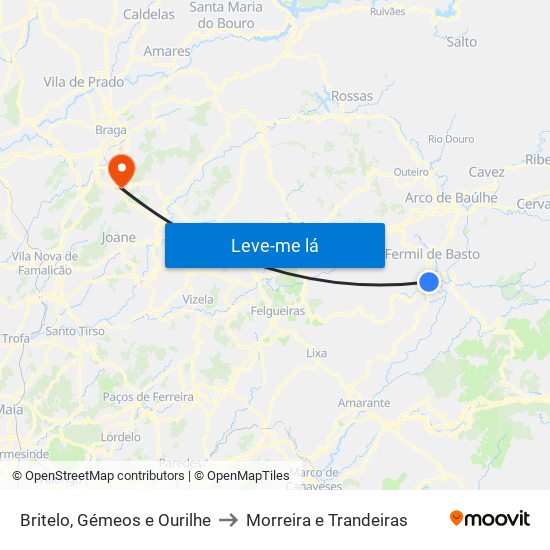 Britelo, Gémeos e Ourilhe to Morreira e Trandeiras map