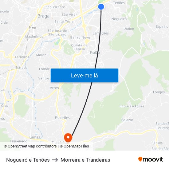 Nogueiró e Tenões to Morreira e Trandeiras map