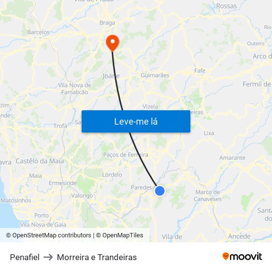 Penafiel to Morreira e Trandeiras map