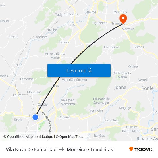 Vila Nova De Famalicão to Morreira e Trandeiras map