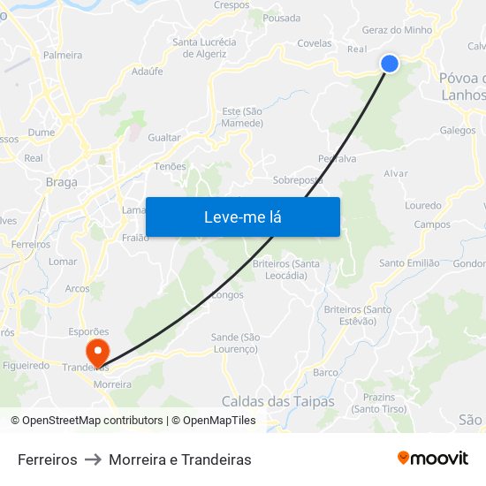 Ferreiros to Morreira e Trandeiras map