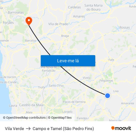 Vila Verde to Campo e Tamel (São Pedro Fins) map