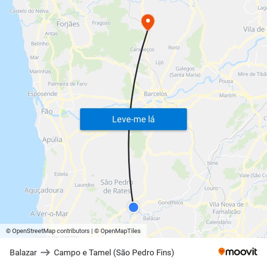 Balazar to Campo e Tamel (São Pedro Fins) map