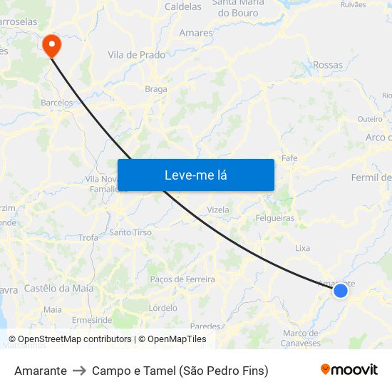 Amarante to Campo e Tamel (São Pedro Fins) map