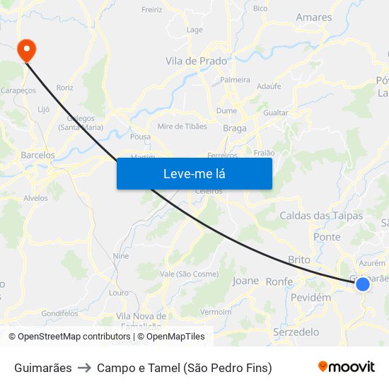 Guimarães to Campo e Tamel (São Pedro Fins) map