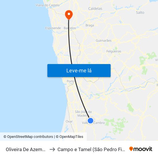 Oliveira De Azeméis to Campo e Tamel (São Pedro Fins) map
