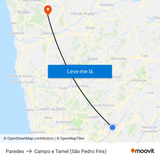 Paredes to Campo e Tamel (São Pedro Fins) map