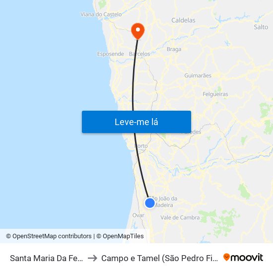 Santa Maria Da Feira to Campo e Tamel (São Pedro Fins) map