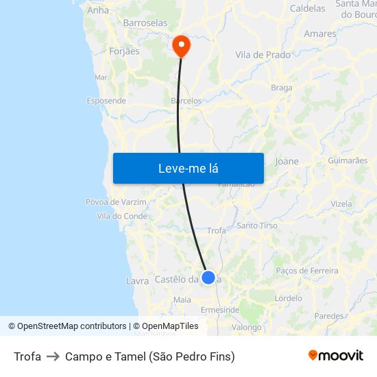 Trofa to Campo e Tamel (São Pedro Fins) map