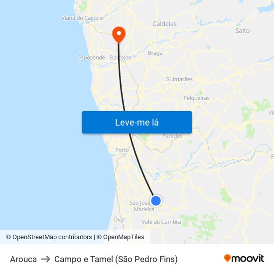 Arouca to Campo e Tamel (São Pedro Fins) map