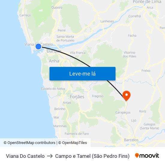 Viana Do Castelo to Campo e Tamel (São Pedro Fins) map