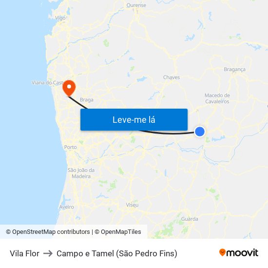 Vila Flor to Campo e Tamel (São Pedro Fins) map