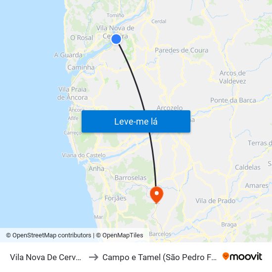 Vila Nova De Cerveira to Campo e Tamel (São Pedro Fins) map