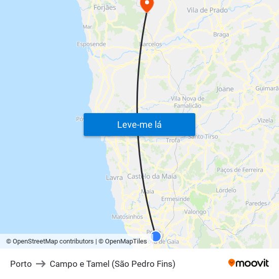 Porto to Campo e Tamel (São Pedro Fins) map