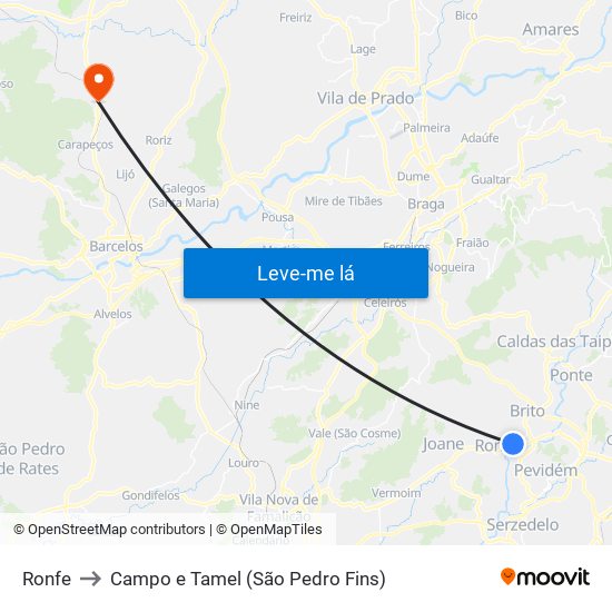 Ronfe to Campo e Tamel (São Pedro Fins) map