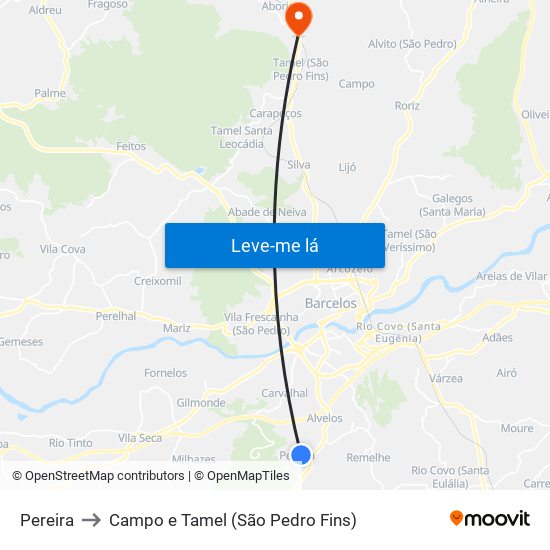 Pereira to Campo e Tamel (São Pedro Fins) map