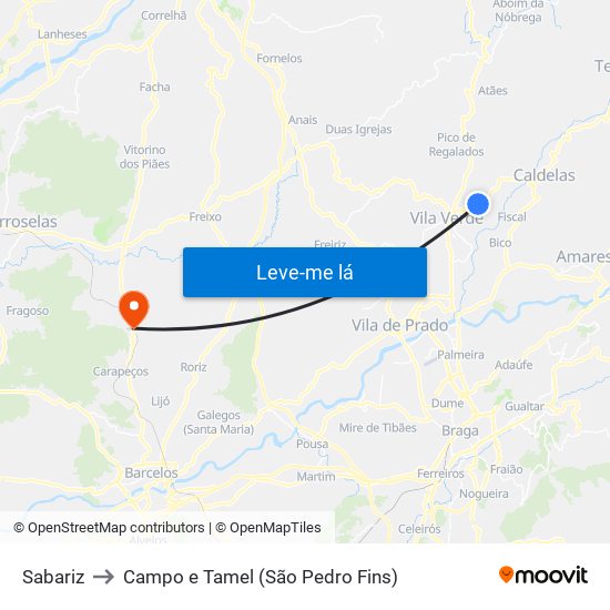 Sabariz to Campo e Tamel (São Pedro Fins) map