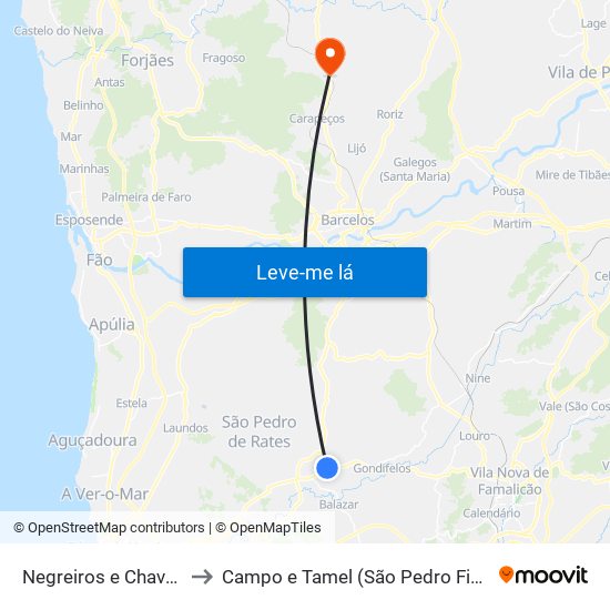 Negreiros e Chavão to Campo e Tamel (São Pedro Fins) map
