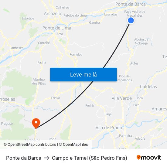 Ponte da Barca to Campo e Tamel (São Pedro Fins) map