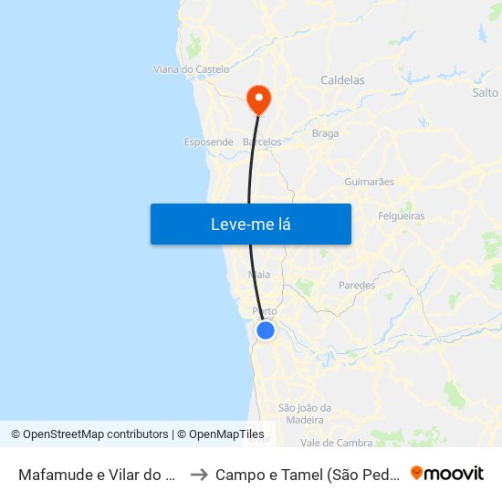 Mafamude e Vilar do Paraíso to Campo e Tamel (São Pedro Fins) map