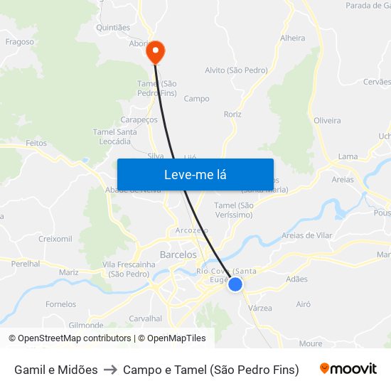 Gamil e Midões to Campo e Tamel (São Pedro Fins) map