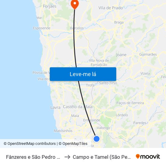 Fânzeres e São Pedro da Cova to Campo e Tamel (São Pedro Fins) map