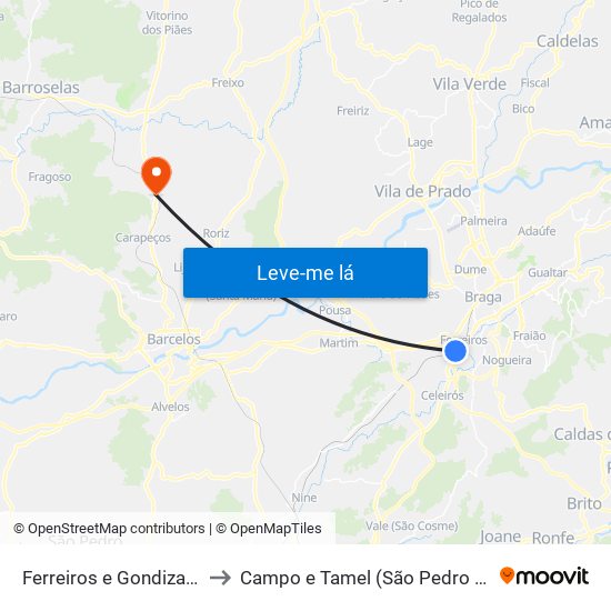 Ferreiros e Gondizalves to Campo e Tamel (São Pedro Fins) map