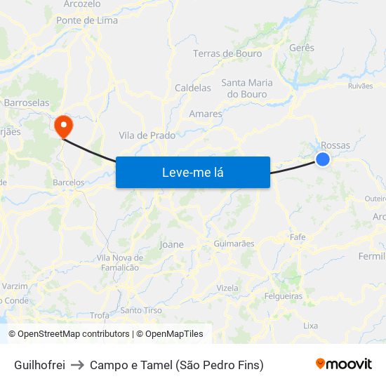 Guilhofrei to Campo e Tamel (São Pedro Fins) map