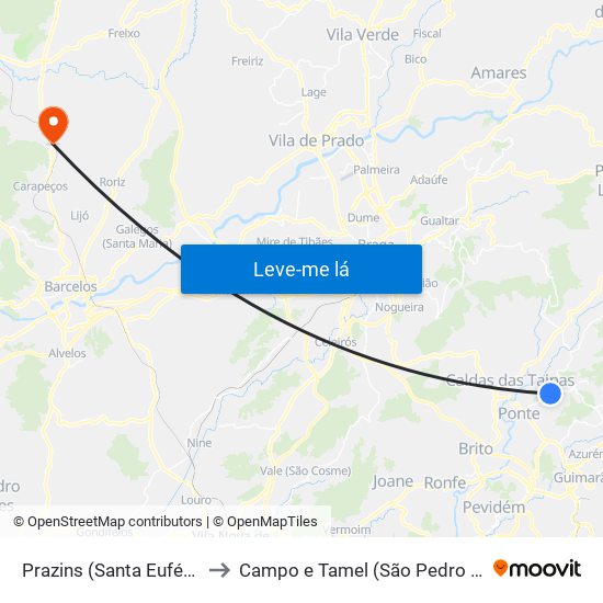 Prazins (Santa Eufémia) to Campo e Tamel (São Pedro Fins) map