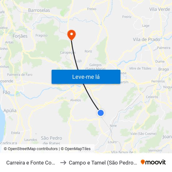 Carreira e Fonte Coberta to Campo e Tamel (São Pedro Fins) map