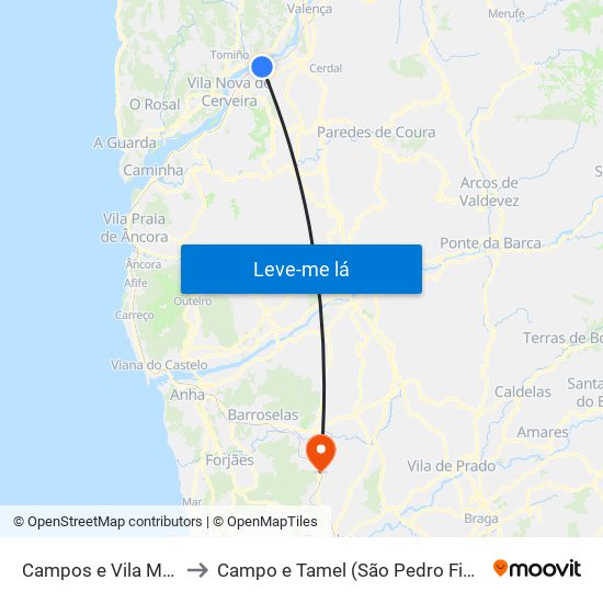 Campos e Vila Meã to Campo e Tamel (São Pedro Fins) map