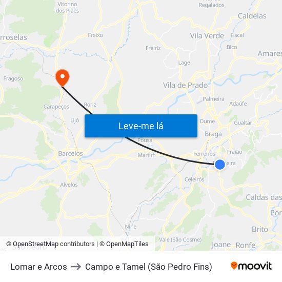 Lomar e Arcos to Campo e Tamel (São Pedro Fins) map