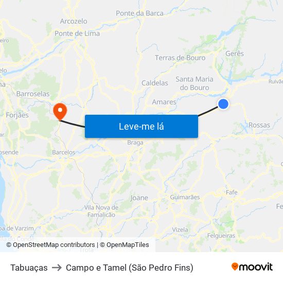 Tabuaças to Campo e Tamel (São Pedro Fins) map