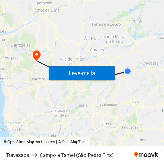 Travassos to Campo e Tamel (São Pedro Fins) map