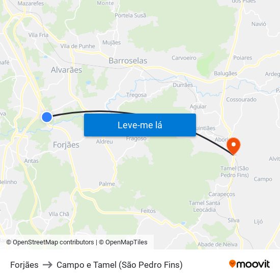 Forjães to Campo e Tamel (São Pedro Fins) map