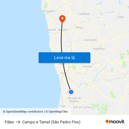 Fiães to Campo e Tamel (São Pedro Fins) map
