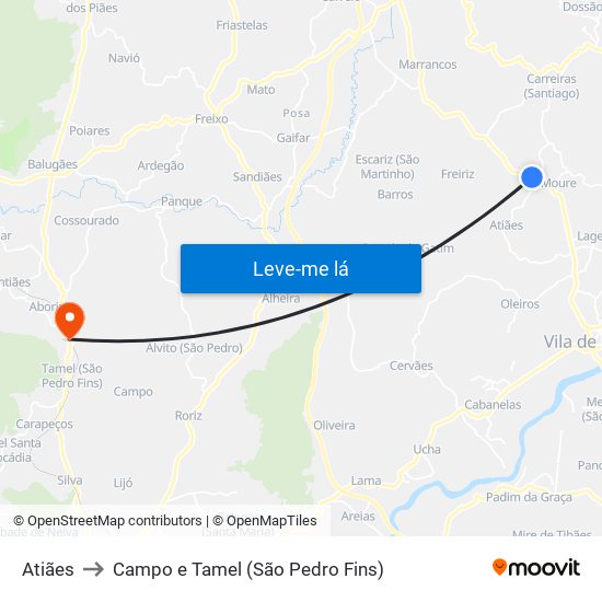 Atiães to Campo e Tamel (São Pedro Fins) map