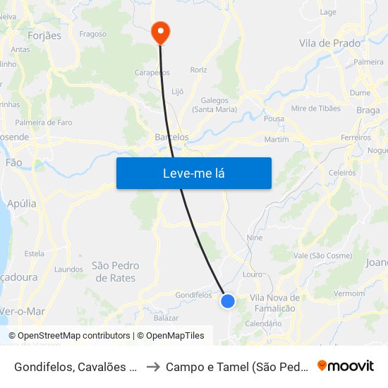 Gondifelos, Cavalões e Outiz to Campo e Tamel (São Pedro Fins) map
