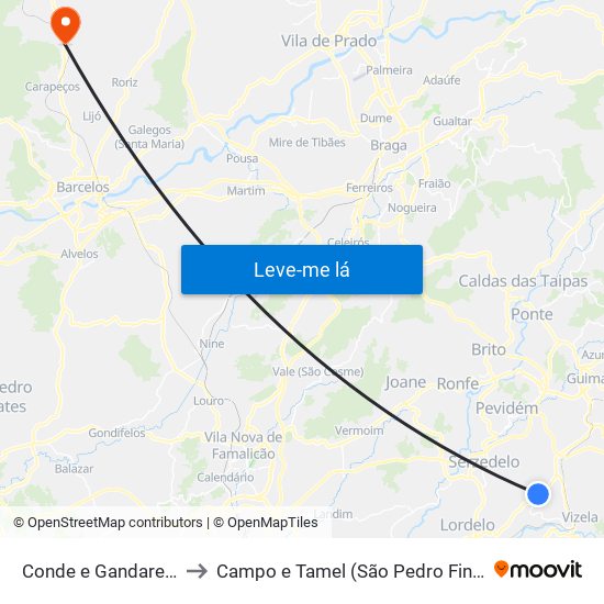 Conde e Gandarela to Campo e Tamel (São Pedro Fins) map