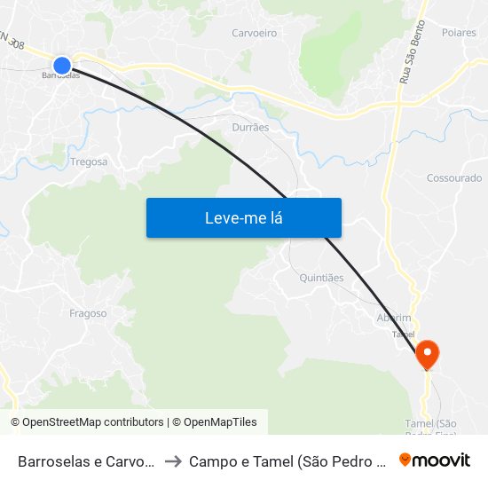 Barroselas e Carvoeiro to Campo e Tamel (São Pedro Fins) map