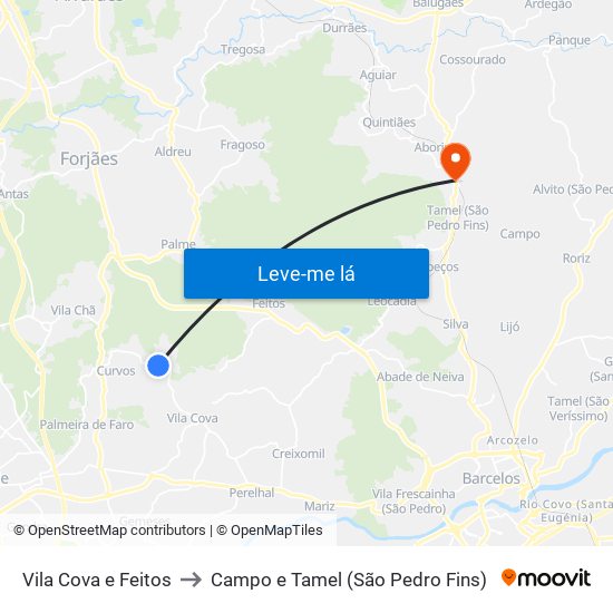 Vila Cova e Feitos to Campo e Tamel (São Pedro Fins) map