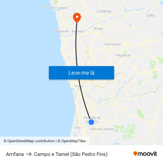 Arrifana to Campo e Tamel (São Pedro Fins) map