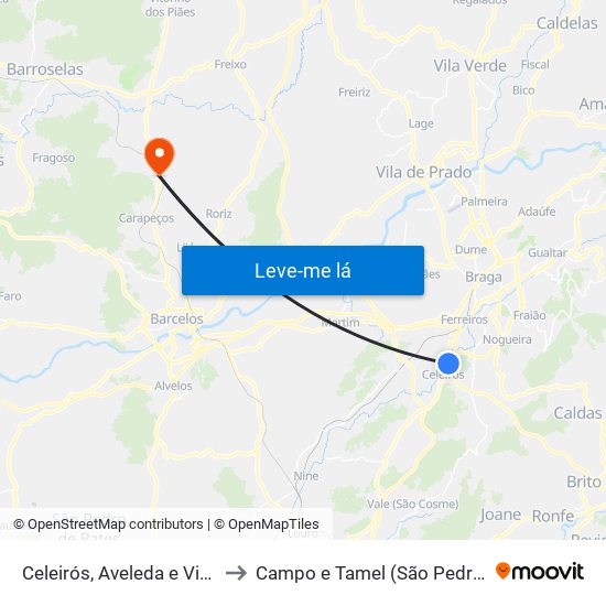 Celeirós, Aveleda e Vimieiro to Campo e Tamel (São Pedro Fins) map