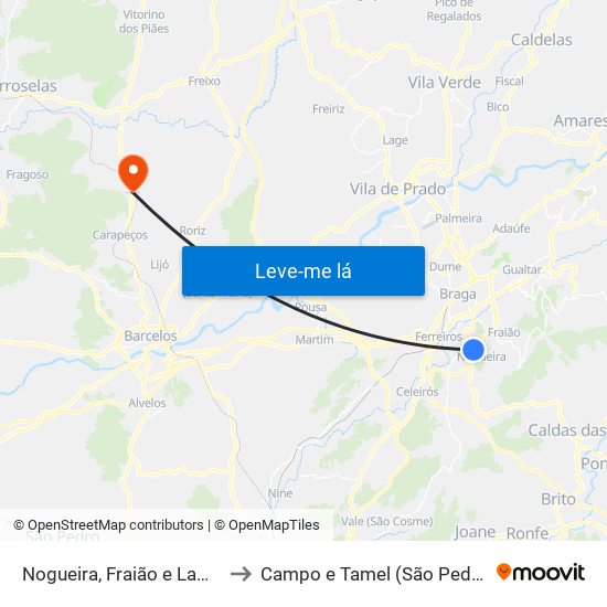 Nogueira, Fraião e Lamaçães to Campo e Tamel (São Pedro Fins) map