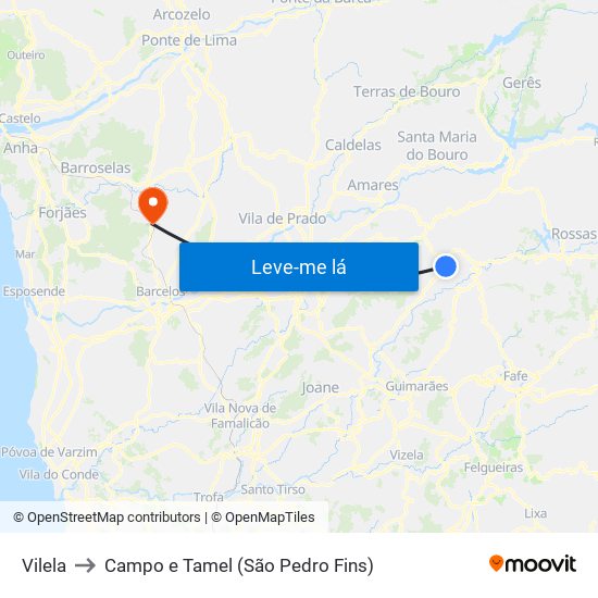 Vilela to Campo e Tamel (São Pedro Fins) map