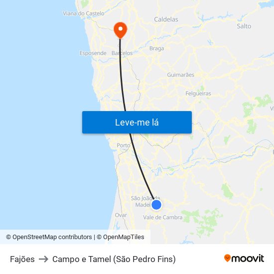 Fajões to Campo e Tamel (São Pedro Fins) map