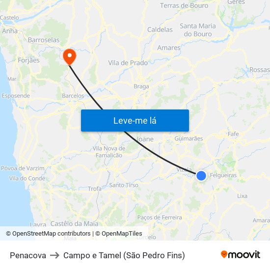 Penacova to Campo e Tamel (São Pedro Fins) map