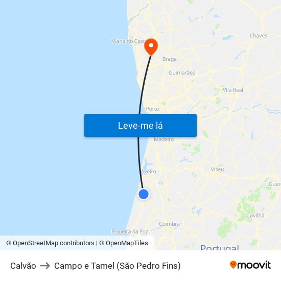 Calvão to Campo e Tamel (São Pedro Fins) map